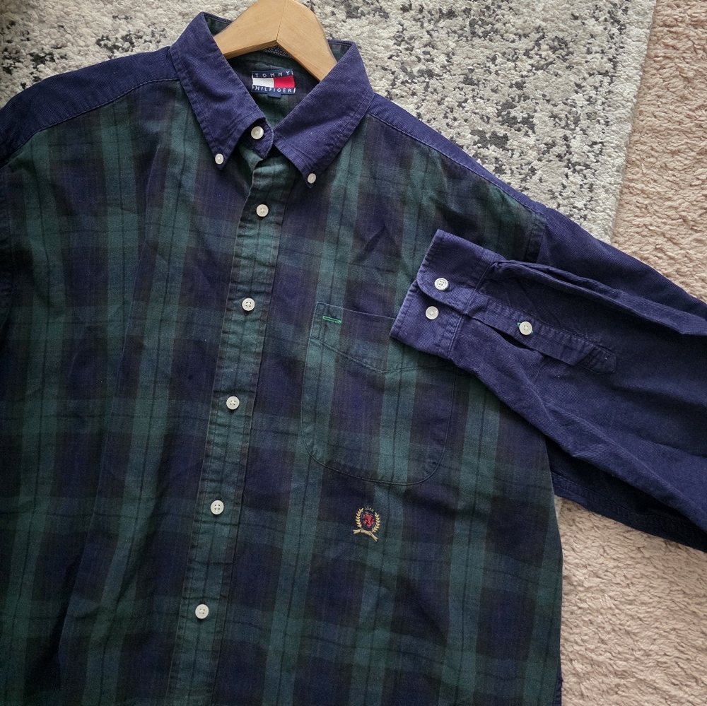Tommy Hilfiger Corduroy Plaid Button Up Collared Shirt Mens L Navy Dark Green